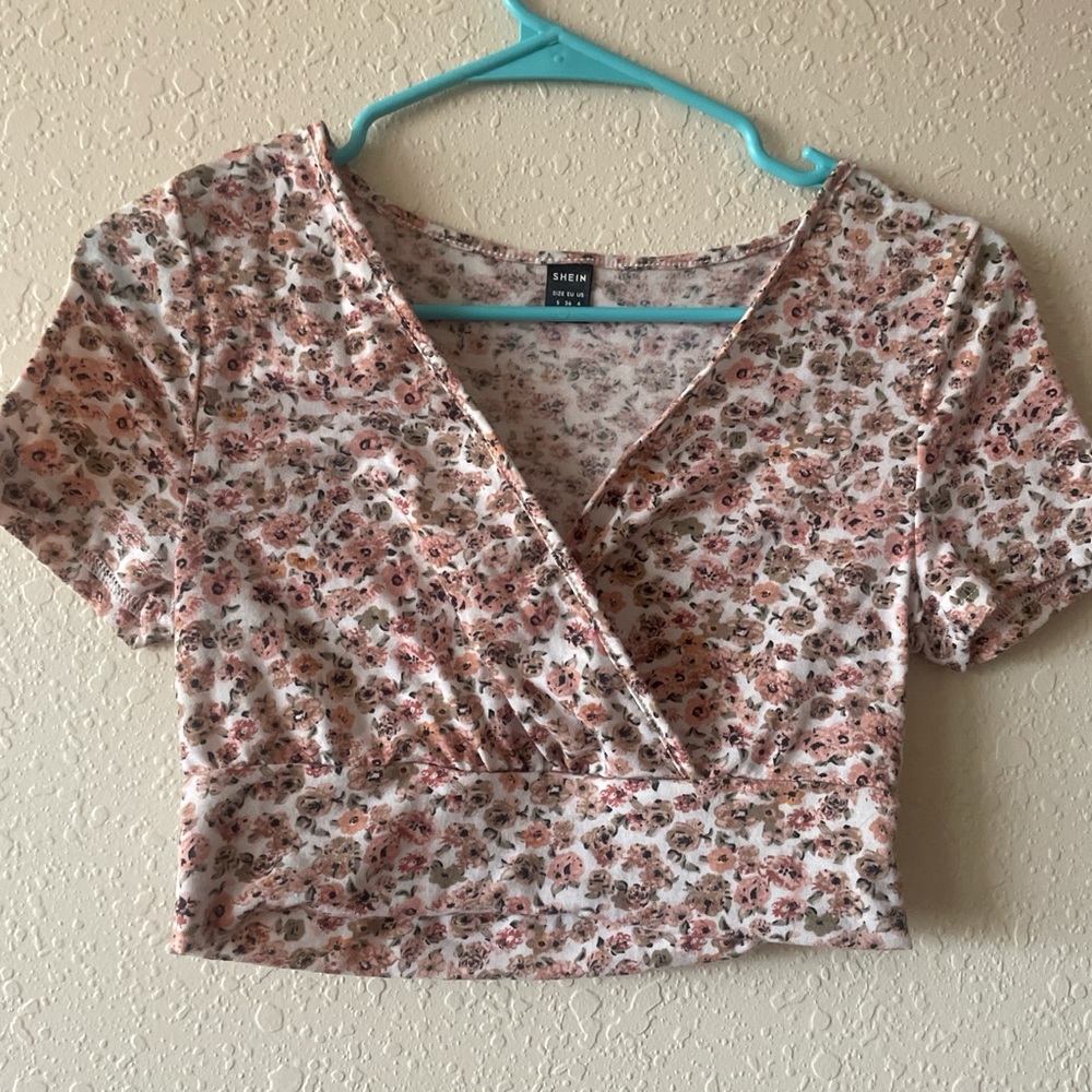 SHEIN Floral Wrap Top - Pink and White